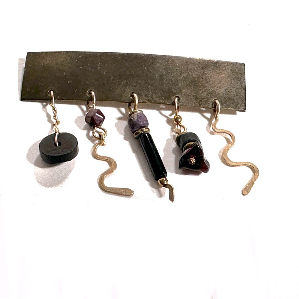 Anne Hellman Brass Bar Brooch w Purple Beaded Dangles Modernist Avant Garde